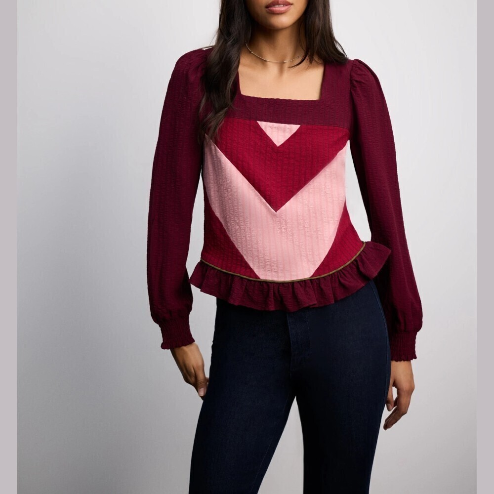 Burgundy Red Colorblock Chevron Square Neck Ruffle Hem Peplum Blouse